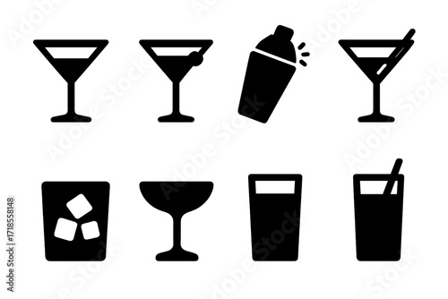 Martini Icons Set. Solid, filled icon set of martini serving styles: neat pour, chilled glass, shaken, stirred, on the rocks, up glass, straight glass, with