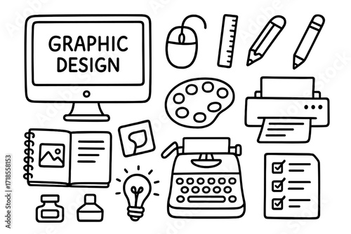 Graphic Design Icons. Graphic Design. Hand-drawn doodle illustration catalog mockup, computer screen, mouse, ruler, pencil, sketchbook, palette, typewriter,