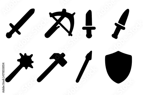 Lord's Weapon Icons. Solid, filled icon set of lord?s weapons: longsword, battle axe, crossbow, dagger, mace, war hammer, spear, shield. Solid, filled icons in