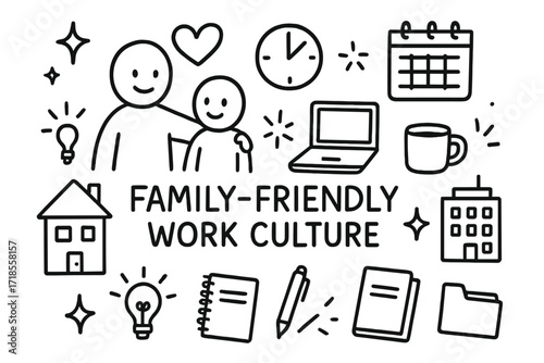 Family-Friendly Work Icons. Hand-drawn doodle illustration Family-friendly work culture [parent figure, child figure, heart, clock, calendar, laptop, coffee