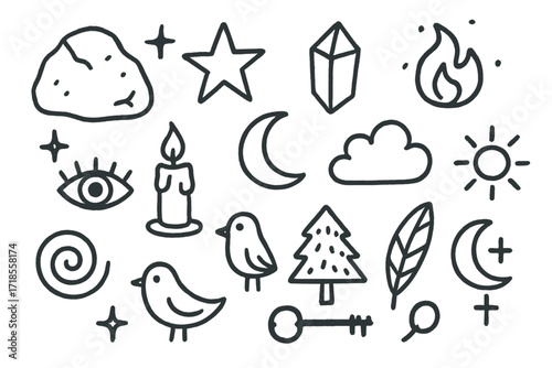 Mystical Symbols Doodle. Hand-drawn doodle illustration mystical boulder boulder, star, moon, crystal, flame, eye, candle, cloud, sun, spiral, bird, tree,