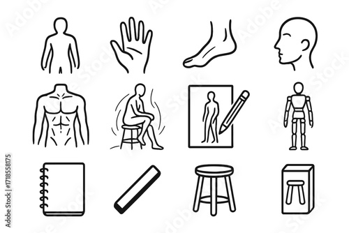 Figurative Art Doodle. Hand-drawn doodle illustration figurative art body outline, hand sketch, foot, face profile, muscle form, torso, gesture lines, nude