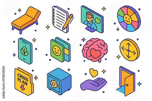 Psychological Support Icons. Colorful isometric vector icons set of Psychological support tools: therapy couch, notebook and pen, video call with therapist,