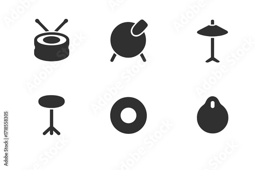 Drum Kit Mute Icons. Solid, filled icon set of drum kit muting: snare mute pad, bass drum mute, tom mute pad, cymbal mute, hi-hat mute, practice pad, silent