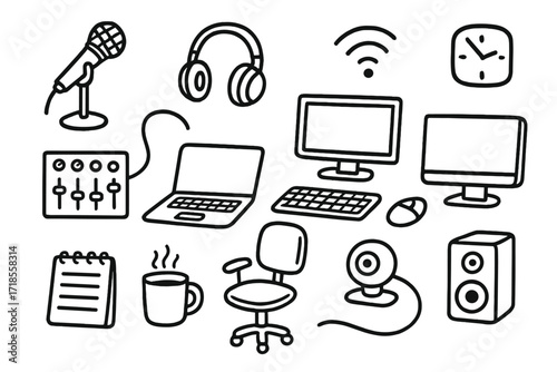 Recording Studio Doodles. Hand-drawn doodle illustration Lazy afternoon nap sofa, pillow, blanket, cat, book, mug, slippers, candle, rug, chair, lamp, clock,