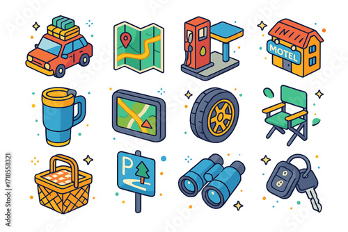 Holiday Road Trip Icons. Colorful isometric vector icons set of holiday road trip: car with luggage, road map, gas station, roadside motel, travel mug, GPS