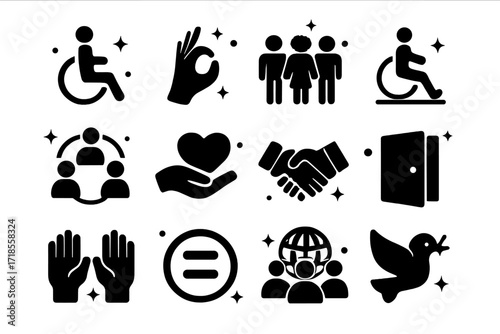 Inclusive Symbol Icons. Inclusion. Solid icons set of wheelchair symbol, sign language hand, diverse people, accessible ramp, inclusive circle, support heart,