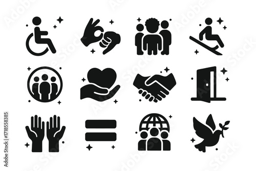 Inclusive Icon Set. Inclusion. Solid icons set of wheelchair symbol, sign language hand, diverse people, accessible ramp, inclusive circle, support heart,
