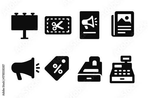 Black Advertisement Icons. Solid, filled icon set of newspaper advertisement: billboard, coupon, flyer, newspaper ad, online banner, megaphone, sale tag, cash
