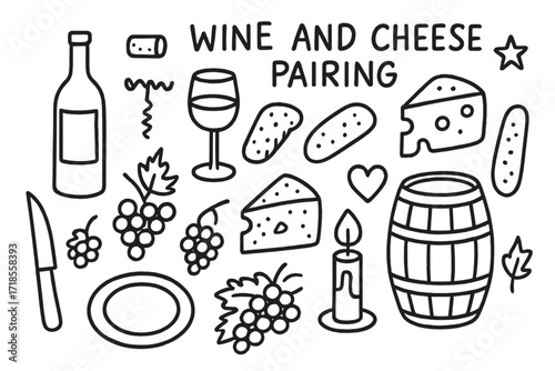 Wine and Cheese Doodles. Hand-drawn doodle illustration Wine and cheese pairing [wine bottle, cork, corkscrew, glass, cheese wedge, bread, grapes, knife,