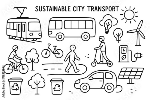 Eco-Friendly Urban Transport. Hand-drawn doodle illustration Sustainable city transport [tram, bus, bicycle, pedestrian, scooter, electric car, charging