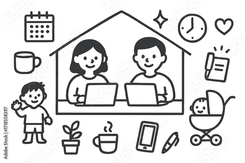 Parents Working Doodle. Hand-drawn doodle illustration Parents working from home [house, laptop, parent figure, child figure, stroller, toy block, calendar,