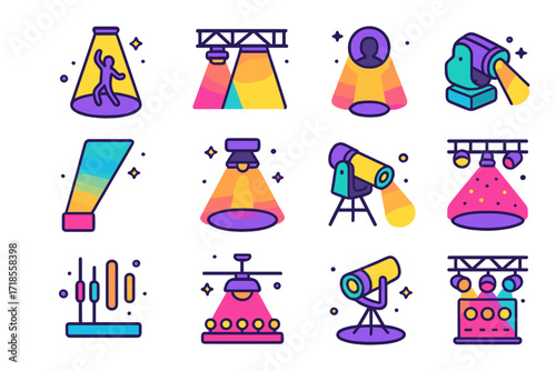 Dance Lighting Icons. Colorful isometric vector icons set of Lighting for Dance Performances: solo dancer spotlight, stage wash, silhouette backlight, color