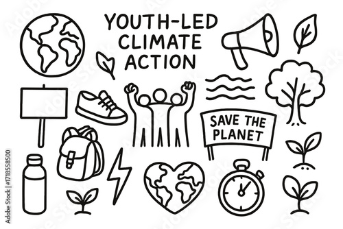 Youth Climate Protest Icons. Hand-drawn doodle illustration [Youth-led climate action] [globe, placard, leaf, megaphone, sneakers, group of people, protest