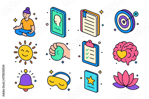 Mental Fitness Icons. Colorful isometric vector icons set of parade leader: baton twirl, feathered hat, leader sash, marching boots, whistle, choreography