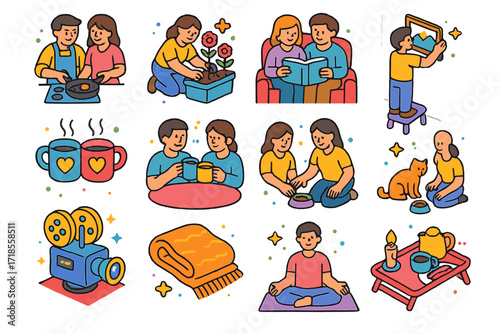 Home Life Icons. Colorful isometric vector icons set of couple?s home life: cooking dinner, planting flowers, reading together, decorating home, matching mugs,