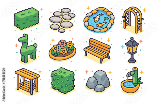 Colorful Landscape Icons. Colorful isometric vector icons set of estate landscaping elements: trimmed hedge, stone path, koi pond, garden arch, topiary