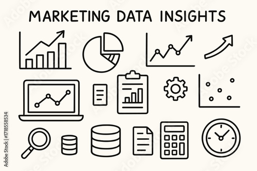 Marketing Data Doodles. Hand-drawn doodle illustration Marketing data insights, bar chart, pie chart, line graph, scatter plot, laptop, clipboard, calculator,