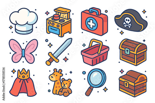 Isometric Pretend Play Icons. Colorful isometric vector icons set of pretend play with siblings: chef hat, toy kitchen, doctor kit, pirate hat, fairy wings,