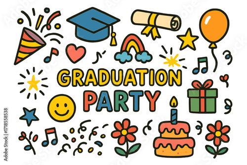 Graduation Celebration Doodles. Colorful Hand-drawn doodle Children illustration Graduation Party [party popper, cap, diploma, star, rainbow, heart, spark,
