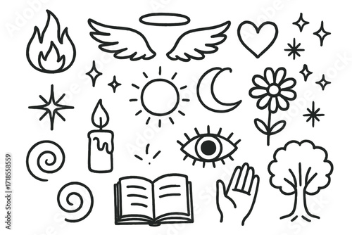Spiritual Awakening Symbols. Hand-drawn doodle illustration Spiritual awakening flame, wings, halo, heart, spark, star, sun, moon, flower, eye, swirl, candle,
