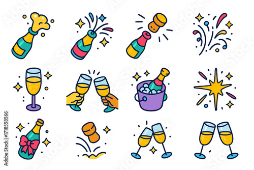 Celebratory Wine Icons. Colorful isometric vector icons set of celebratory wine moments: popping cork, fizz splash, party bottle, cork flying out, celebration