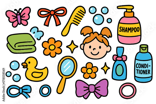 Kids Hair Care Doodles. Colorful Hand-drawn doodle Children illustration Kids hair care comb, brush, butterfly clip, ribbon, shampoo bottle, bubbles, smiling