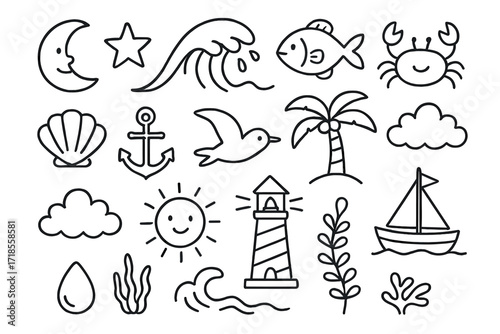 Ocean Doodles Compilation. Hand-drawn doodle illustration tidal waves moon, star, wave, fish, crab, shell, anchor, seagull, palm tree, cloud, sun, lighthouse,