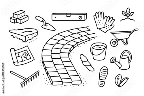 Garden Path Construction Tools. Hand-drawn doodle illustration Constructing a garden brick path curved line, brick pieces, mortar, trowel, bucket, level,