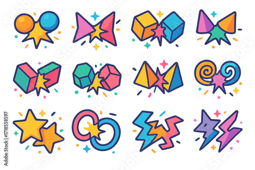 Colorful Geometric Collisions. Colorful isometric vector icons set of abstract shapes in collision: floating spheres bumping, triangles crashing, rotating