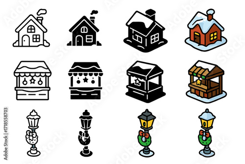 Winter Holiday Icons. Icon Set of Winter holiday scenery: snowy house, Christmas market stall, decorated street lamp. Icons set in vector style, emblematic