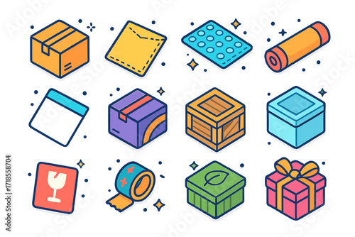 Colorful Packaging Icons. Colorful isometric vector icons set of e-commerce packaging types: cardboard box, padded envelope, bubble wrap, shipping tube,