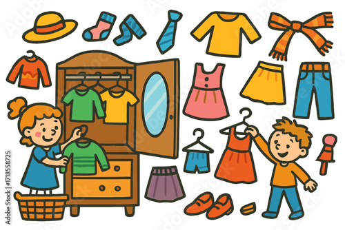 Kids Organizing Closet. Colorful Hand-drawn doodle Children illustration Arranging clothing in a wardrobe [wardrobe, hanger, shirt, dress, pants, skirt,