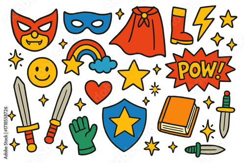 Heroic Doodle Adventure. Colorful Hand-drawn doodle Children illustration Villain and Hero Cosplay mask, cape, boots, gloves, sword, shield, lightning bolt,