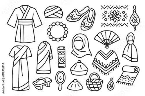 Cultural Attire Doodles. Hand-drawn doodle illustration Cultural Attire kimono, sari, turban, embroidered shoes, beaded necklace, ethnic pattern,