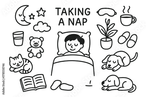 Nap Time Icons. Hand-drawn doodle illustration Taking a nap Bed, Blanket, Pillow, Teddy bear, Book, Glass of water, Eye mask, Slippers, Cat, Dog, Plant, Cup of