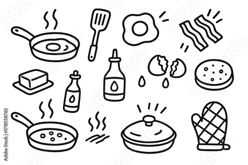 Cartoon Cooking Utensils. Hand-drawn doodle illustration Frying Pan frying pan, spatula, egg, bacon, steam lines, handle, stove, butter, oil bottle, cracked