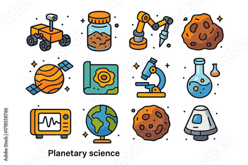 Planetary Science Icons. Planetary science. Colorful isometric vector icons set of planetary science: Mars rover, soil sample jar, drill arm, rock specimen,