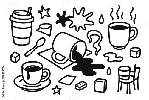 Coffee Spill Chaos. Hand-drawn doodle illustration coffee spill coffee cup, saucer, spilled liquid, droplet, paper napkin, spoon, sugar cube, steam lines, mug,