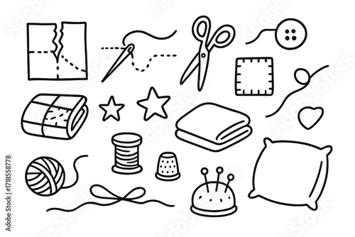 Quilt Repair Doodle. Hand-drawn doodle illustration Quilt repair torn fabric, stitching line, patch, button, needle, thread, scissors, thimble, folded quilt,