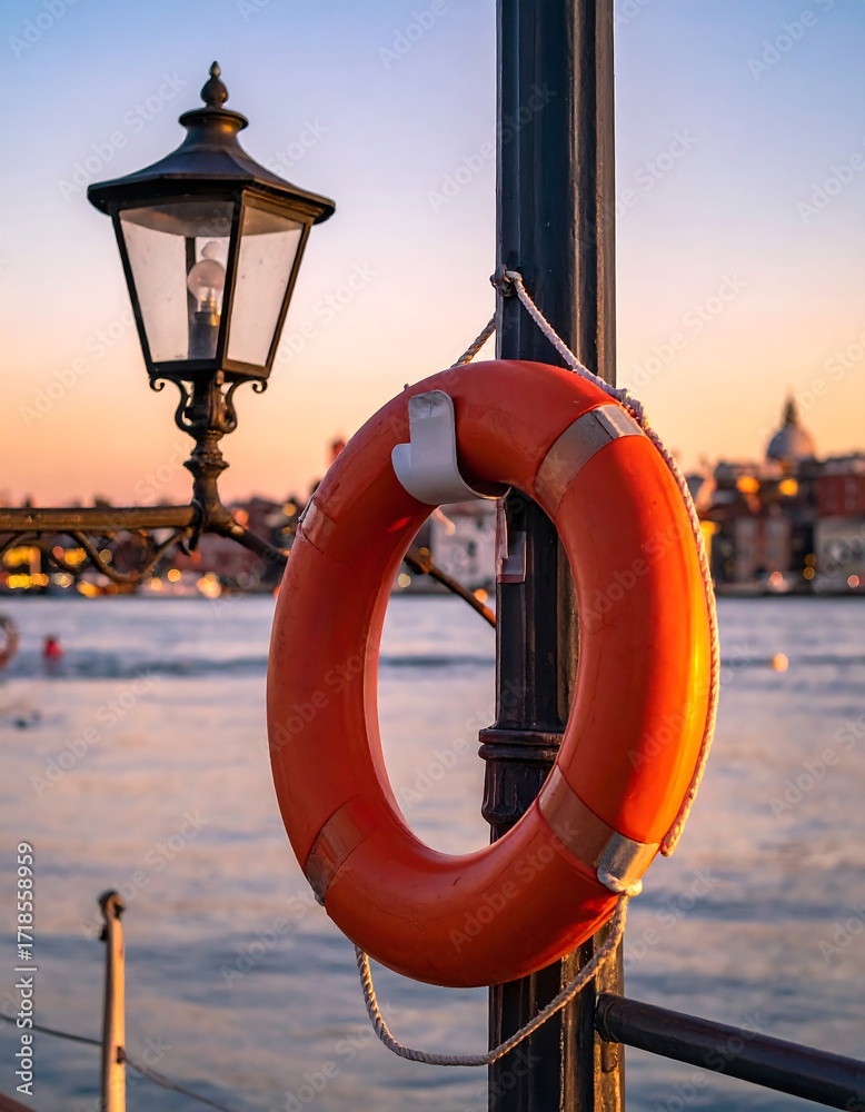 Naklejka premium Sunset harbor with lantern and life buoy