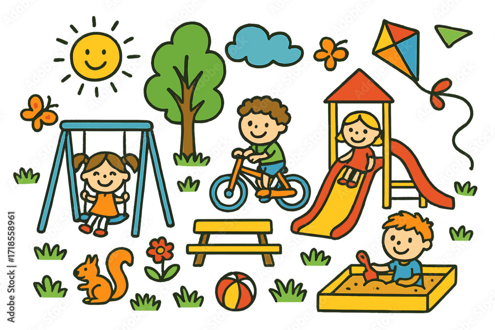 Fototapeta premium Playful Park Day. Colorful Hand-drawn doodle Children illustration Playground in park swing, slide, tree, grass, sun, cloud, picnic bench, ball, kite, flower,