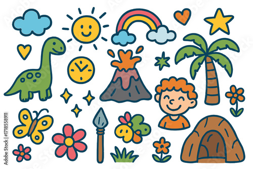 Dinosaur Adventure Doodles. Colorful Hand-drawn doodle Children illustration Adventures in the Past dinosaur, volcano, cave, spear, palm tree, rainbow, sun,