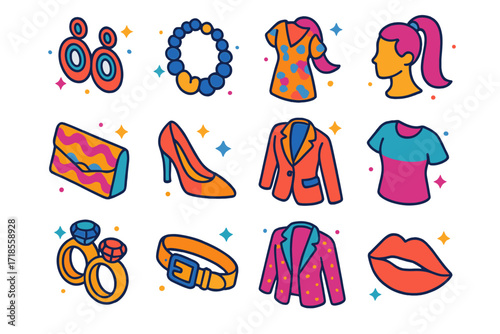 Colorful Jewelry Icons. Colorful isometric vector icons set of statement jewelry styling: bold earrings, chunky necklace, printed dress, high ponytail,