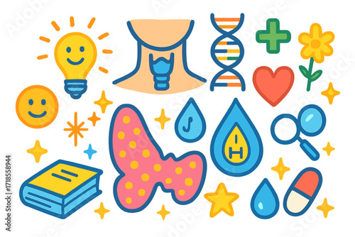 Thyroid Health Doodle. Colorful Hand-drawn doodle Children illustration Thyroid health butterfly-shaped thyroid, neck, hormone drop, DNA, heart, light bulb,