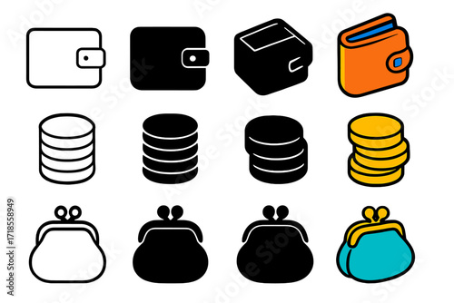 Icon Set_ Wallet, Coin, Purse. Icon Set of Low Income: Wallet, Coin stack, Empty purse. Icons set in vector style, emblematic variations. Wallet line, Wallet