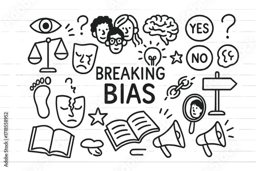 Breaking Bias Symbols. Hand-drawn doodle illustration Breaking bias [scales, cracked mask, lightbulb, diverse faces, brain icon, star, broken chain, yes/no