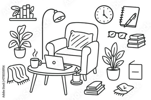 Cozy Home Workspace. Hand-drawn doodle illustration Relaxed Home Workspace [armchair, small table, laptop, mug, candle, blanket, pillow, plant, lamp, notebook,