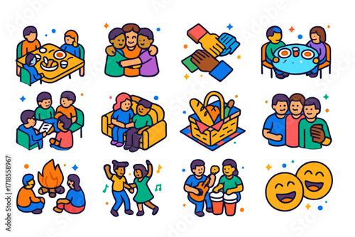 Colorful Togetherness Icons. Togetherness. Colorful isometric vector icons set of Togetherness: family dinner, group hug, teamwork hands, shared