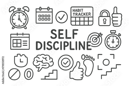 Self-Discipline Doodle Icons. Hand-drawn doodle illustration Self Discipline alarm clock, calendar, checkmark, habit tracker, locked padlock, thumbs up,
